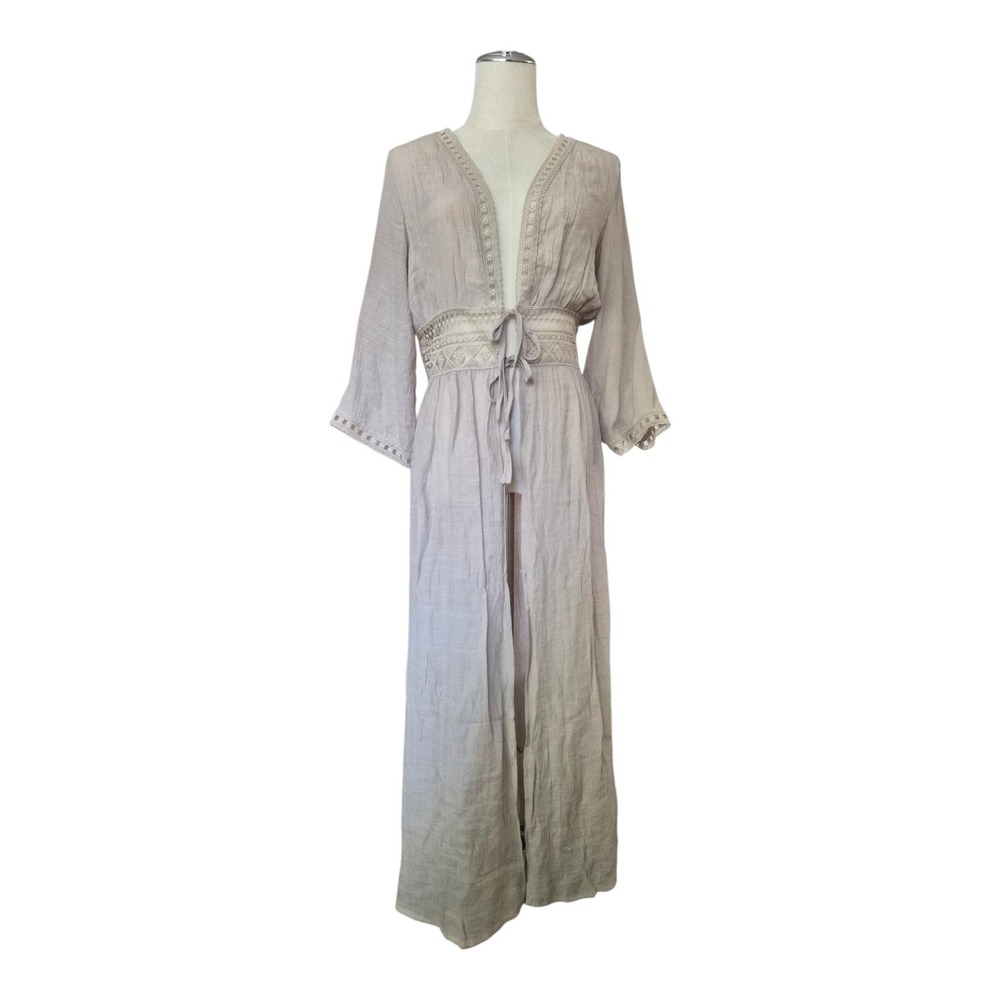 Rebellion Again Boho Lagenlook Maxi Duster‎ Kimono Cardigan Taupe Crochet Lace S